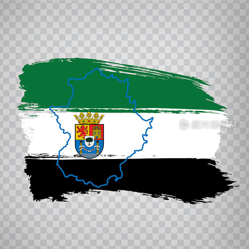 Flag of Extremadura from brush strokes. Blank map of Extremadura. Kingdom of Spain. High quality map and flag Extremadura for your web site design, logo, app  on transparent background.  EPS10.